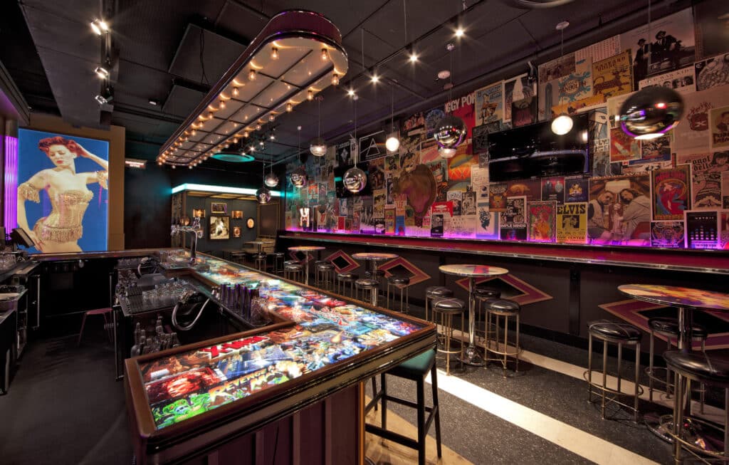 a small, brightly colored bar area